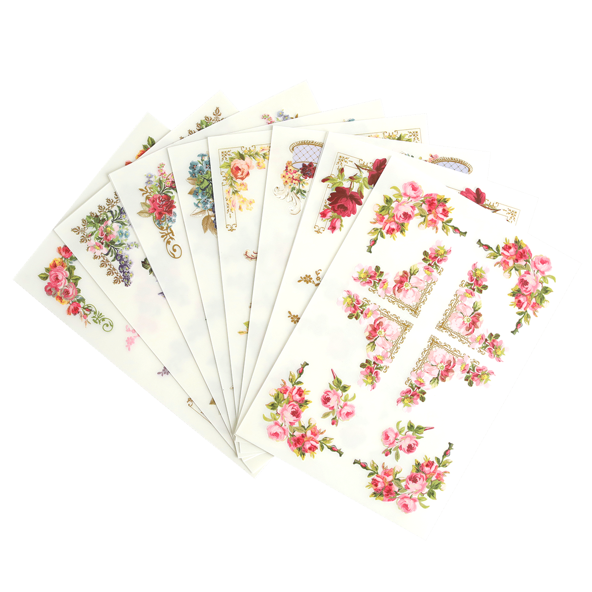 A set of Birthday Ephemera Rub Ons with flowers on them.