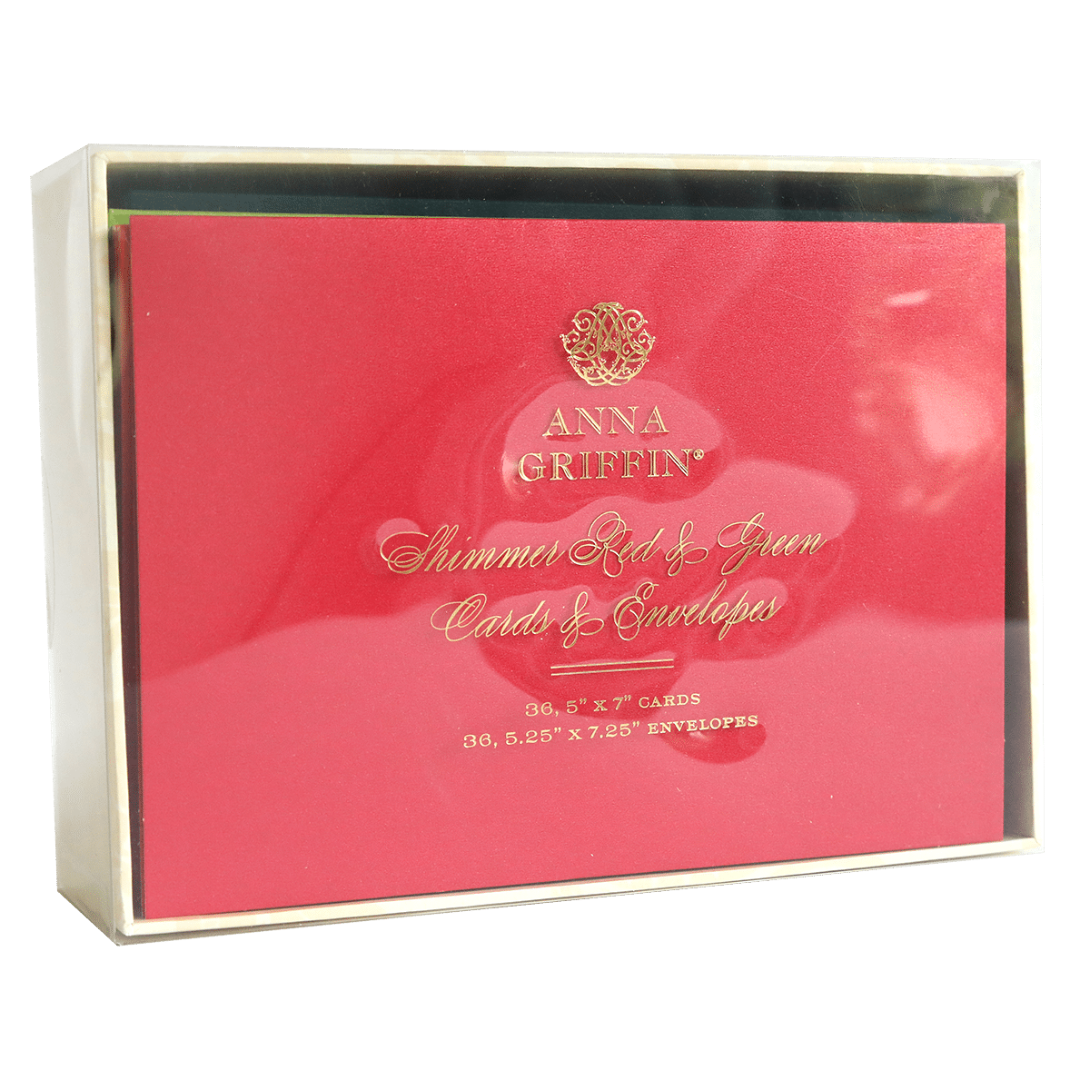 a Shimmer Red Green Cards and Envelopes box with a gold label on it.