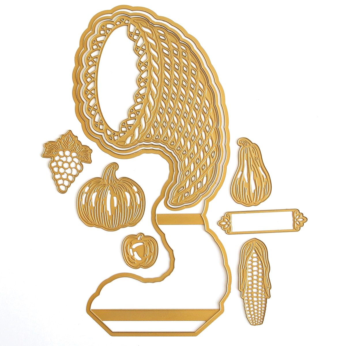 A set of Cornucopia Easel Card Dies that includes a hat, a pumpkin, and other items.