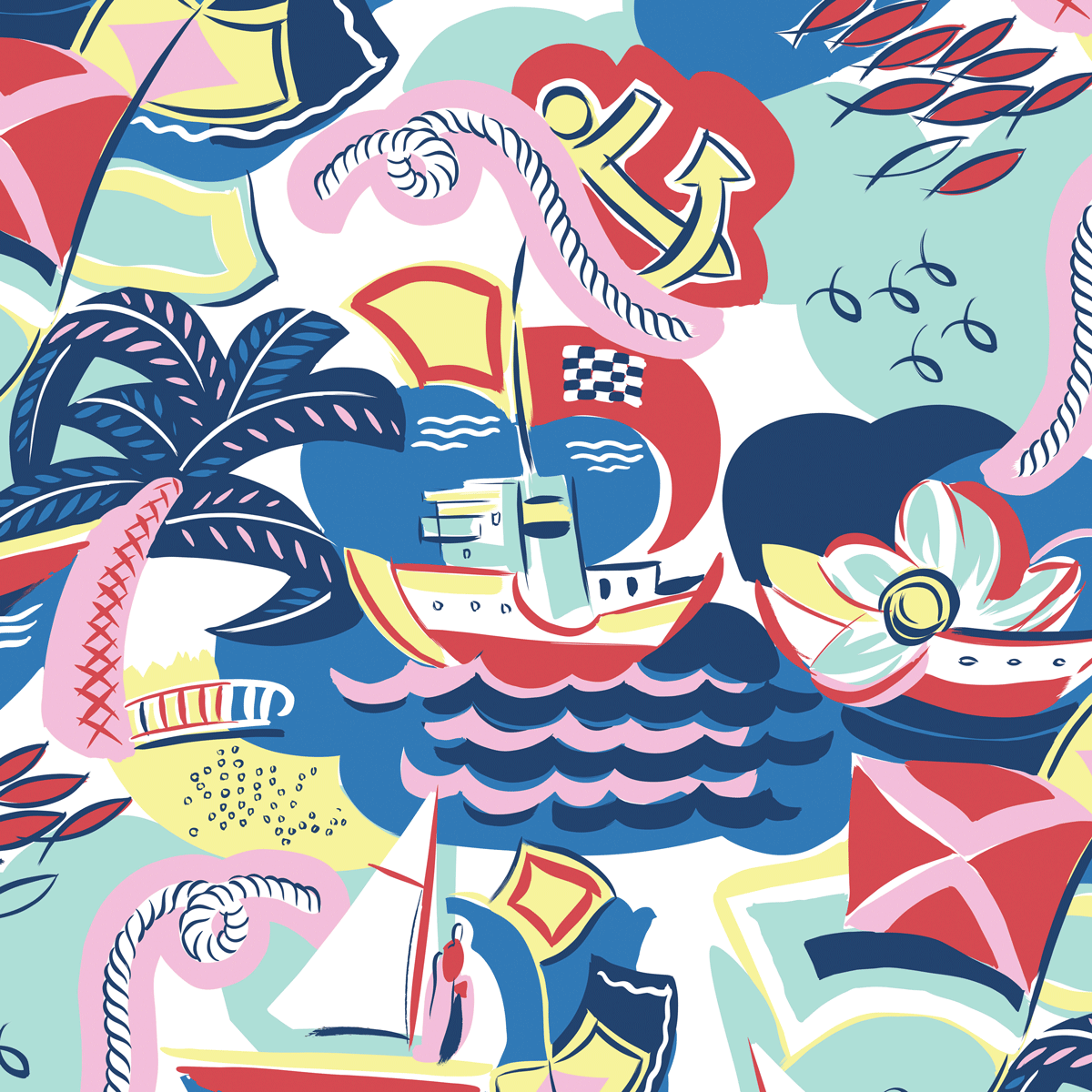 a colorful pattern of boats and palm trees.