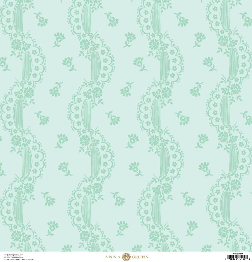 a green wallpaper with a floral design on it.