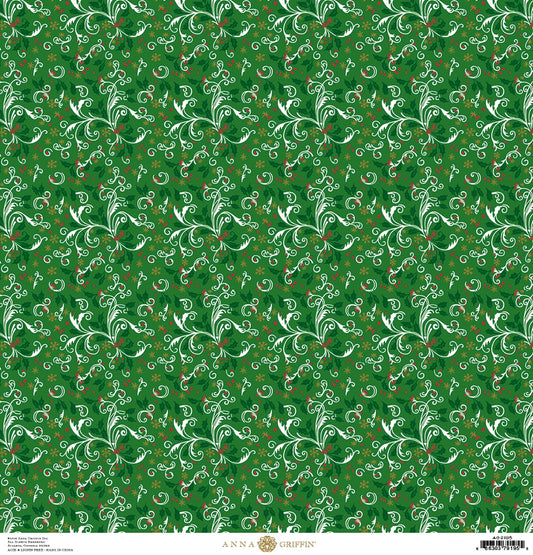 a green background with white swirls and red dots.