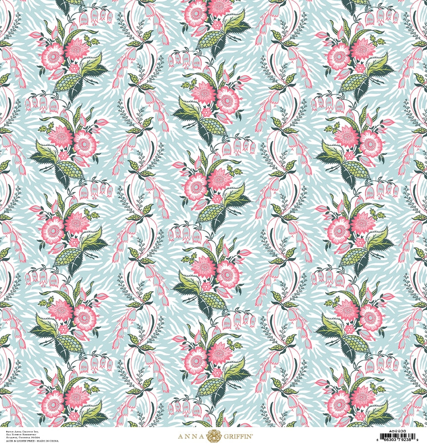 a blue and pink wallpaper with flowers on it.