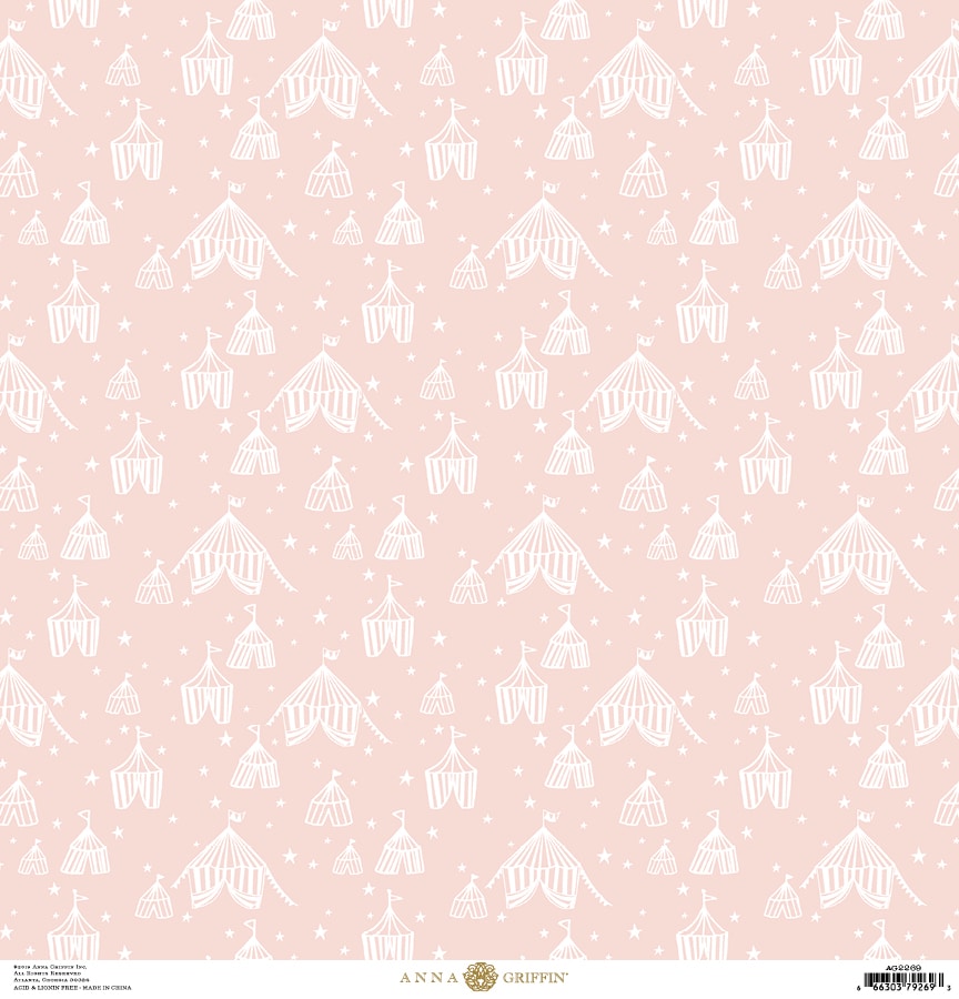 a pink background with white tents and stars.