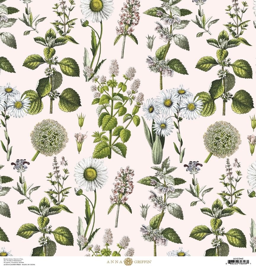 a pink background with white flowers and green leaves.