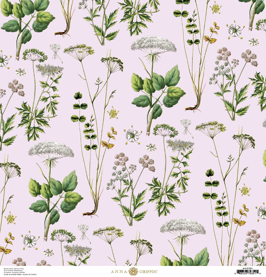 a pink background with various plants and flowers.