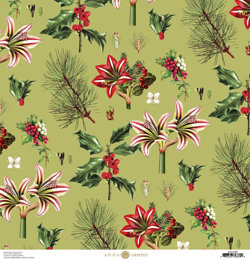a green background with red and white flowers and leaves.