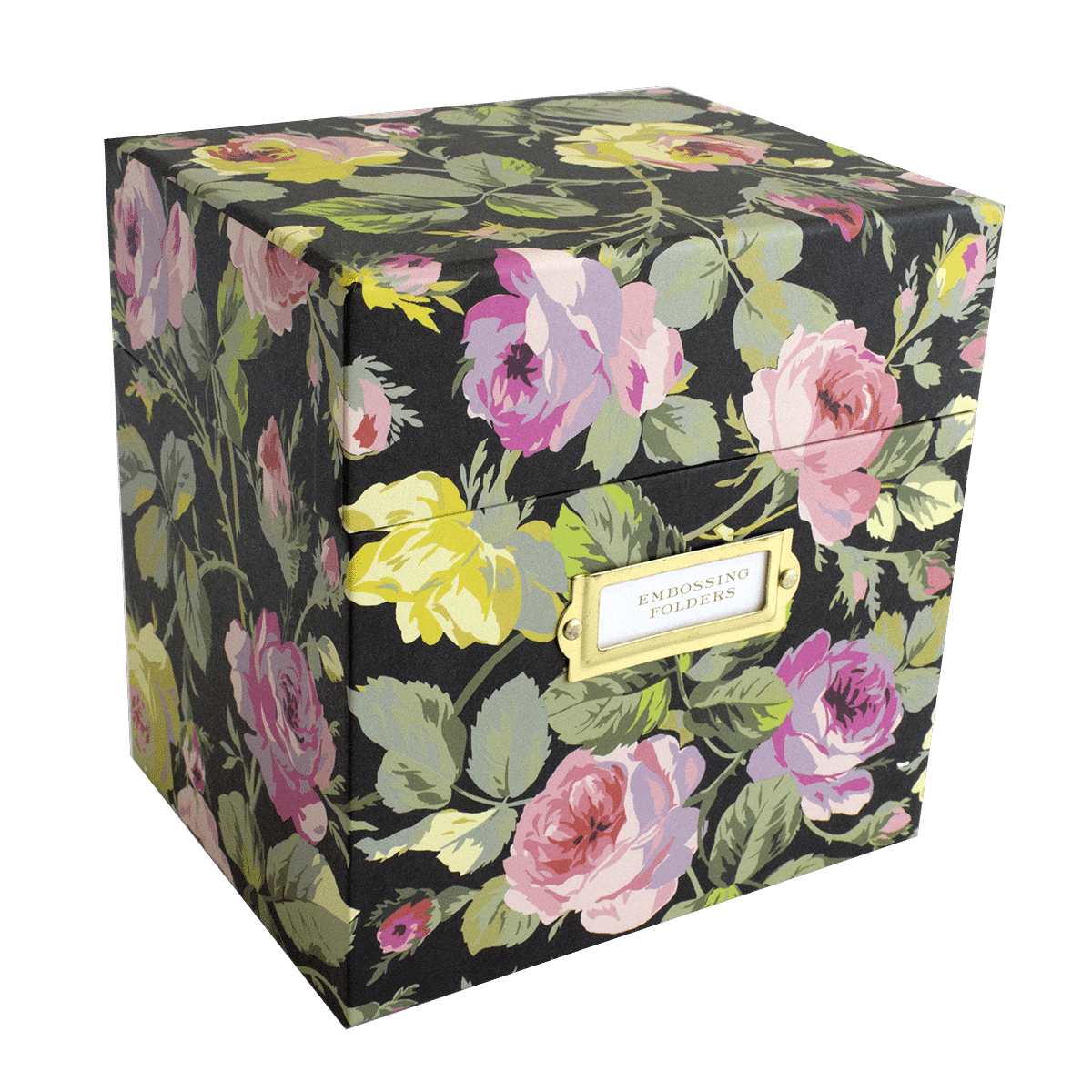 a floral box with a label on it.