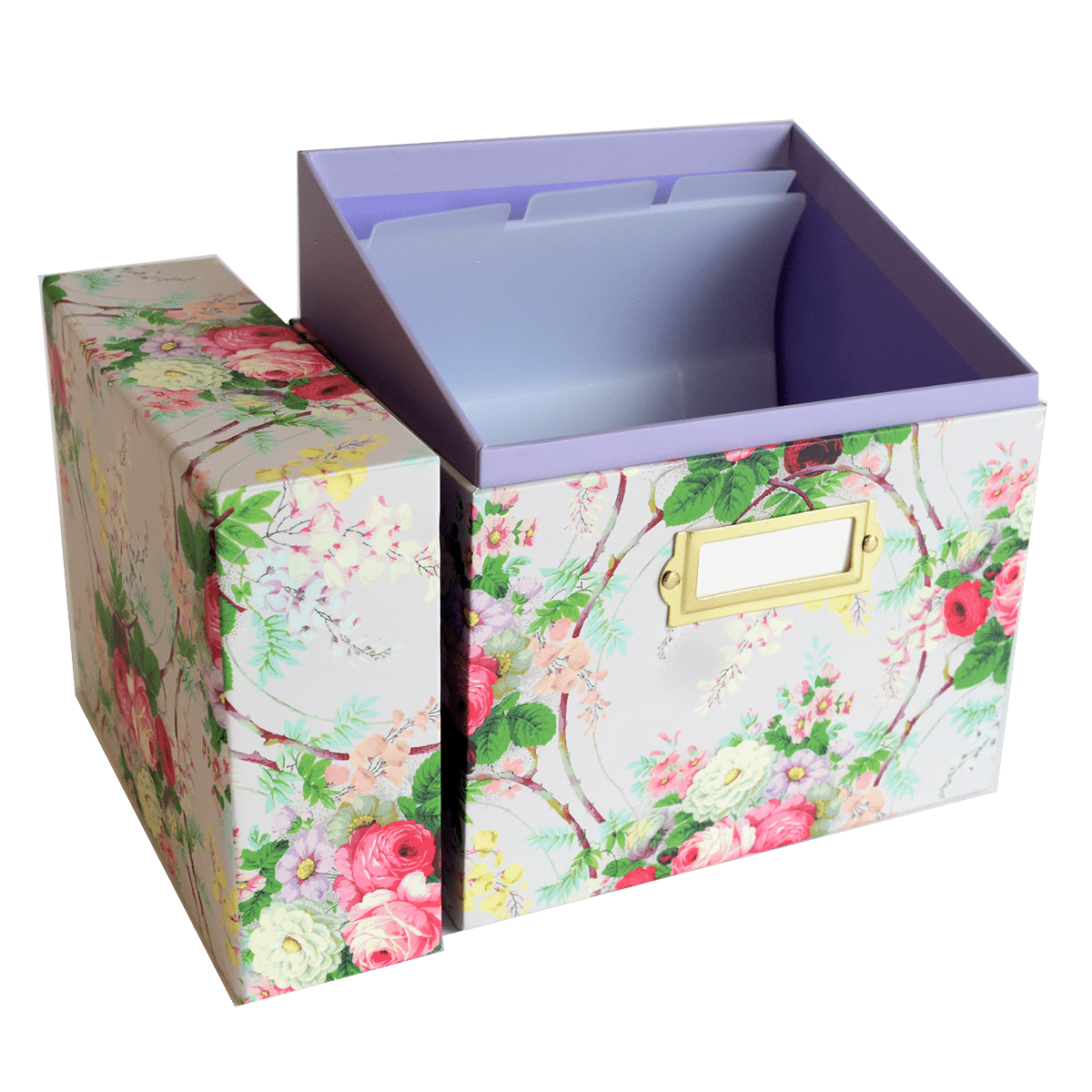 a flowered box with a purple lid.