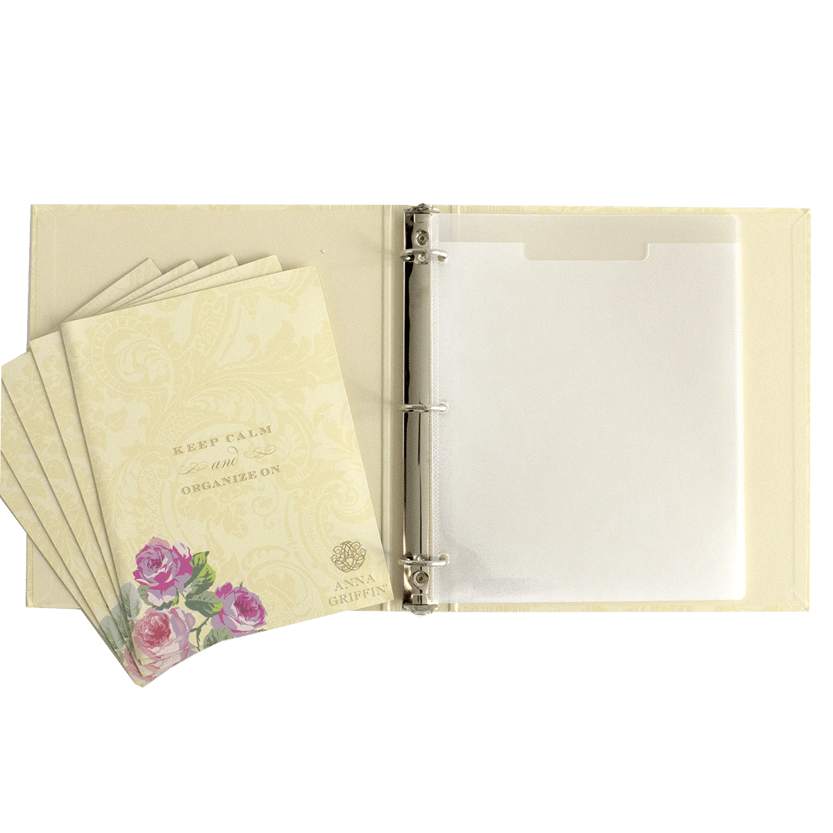 a binder with a bunch of papers on top of it.