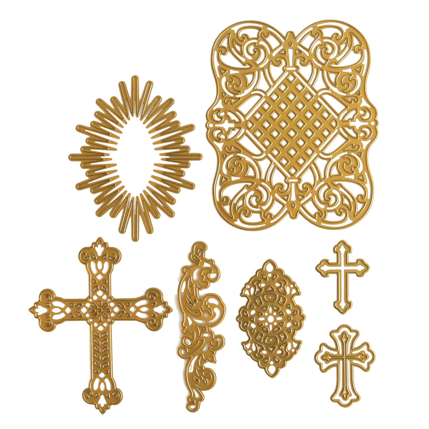 a green background with a bunch of gold crosses.