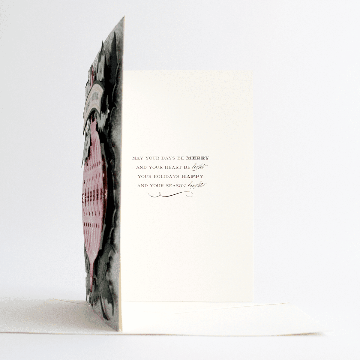 a white card with a picture of a woman in a pink dress.