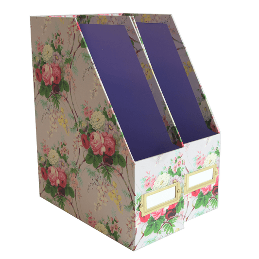 a flowered box with a purple window.