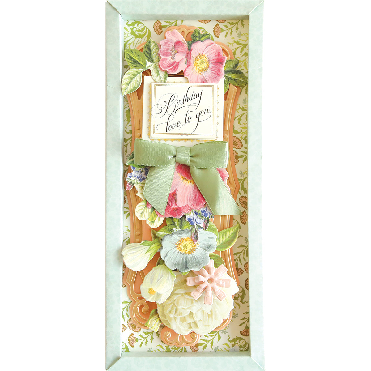 a card with flowers and a bow on it.