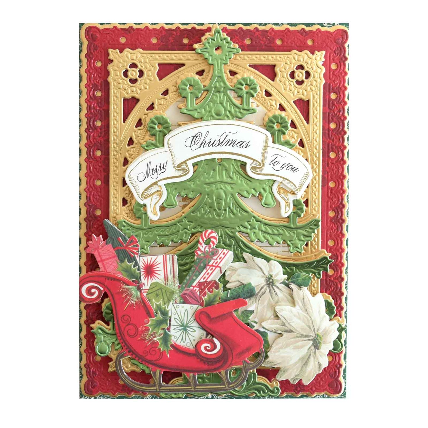 a christmas card with a sleigh and christmas decorations.