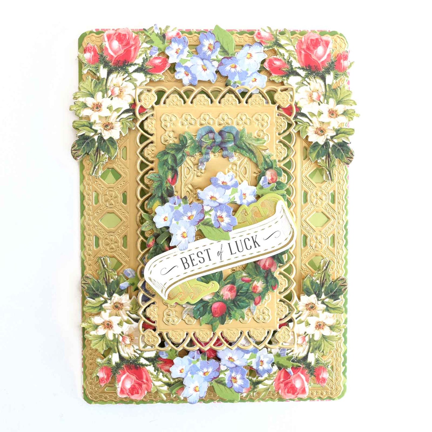 a card with flowers and a ribbon on it.