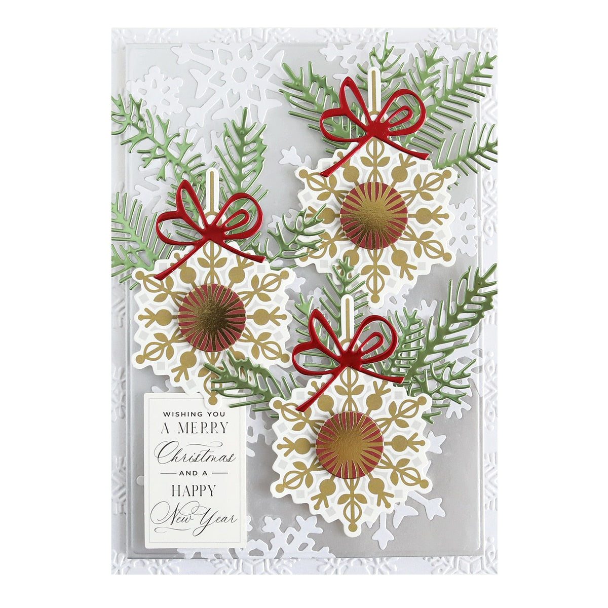 a christmas card with snowflakes and bows.