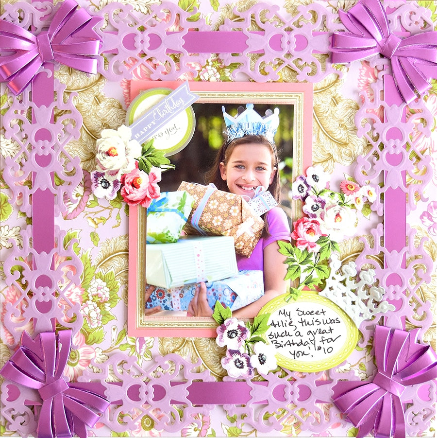 a picture of a little girl holding presents.