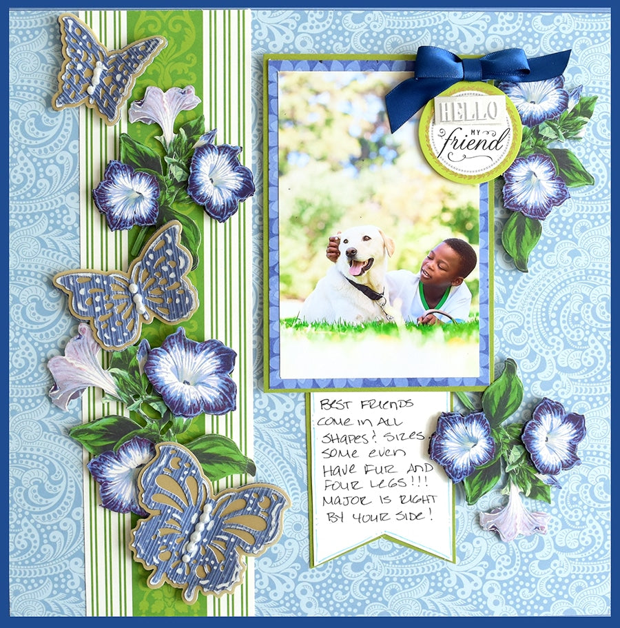 a card with a picture of a dog and butterflies.
