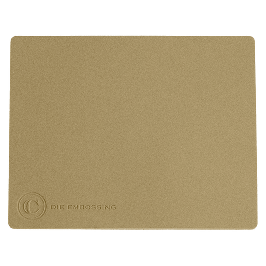 a beige mouse pad with a logo on it.