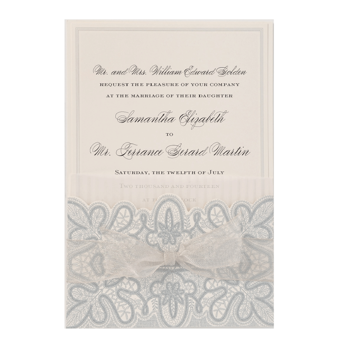 a wedding card with a bow on it.