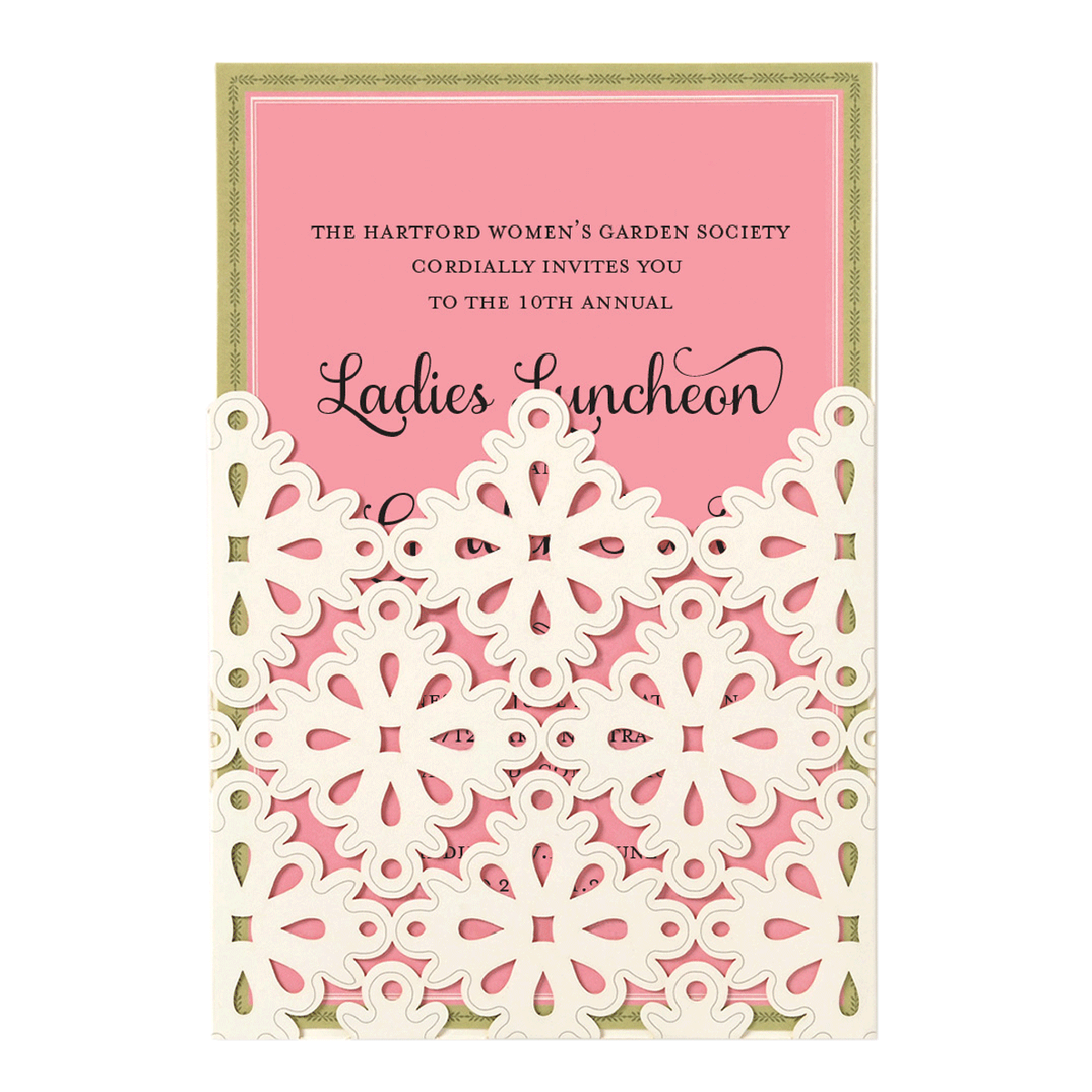 a pink and white wedding card with a lace border.