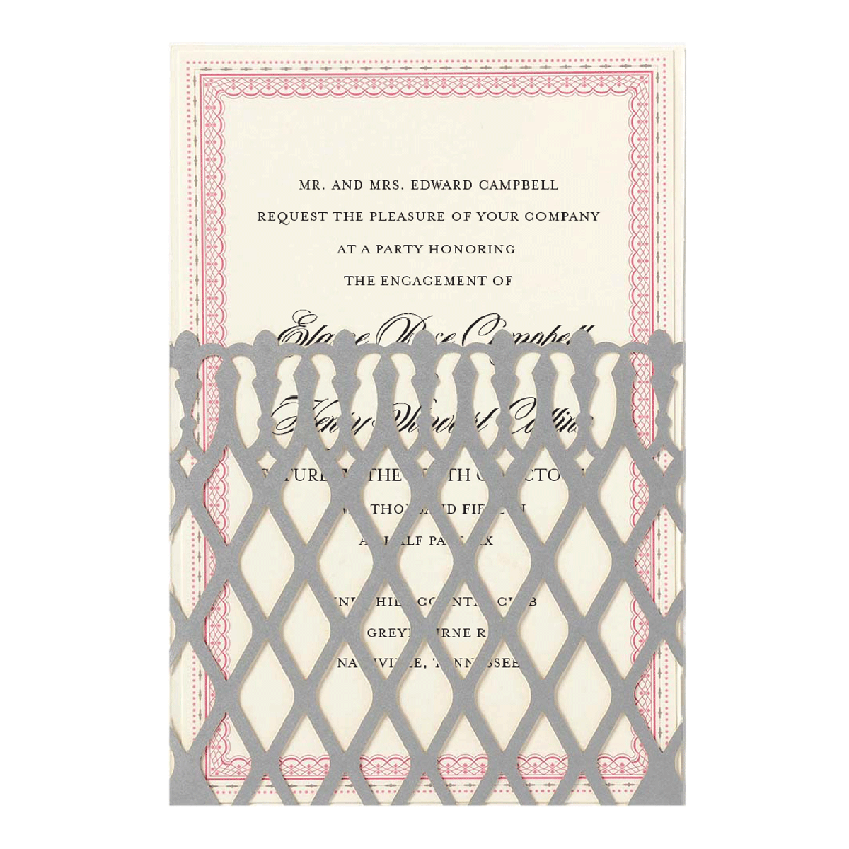 a wedding card with a pink and gray border.