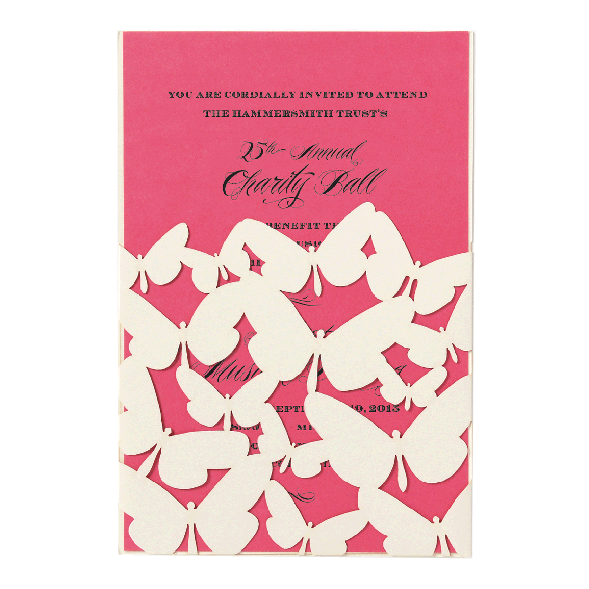 a pink and white wedding card with butterflies.