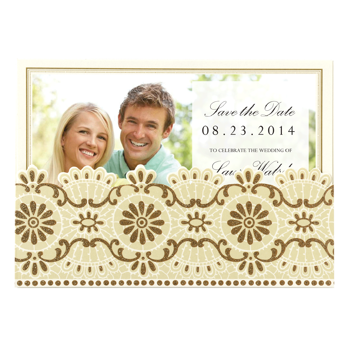 a wedding save the date card with a picture of a couple.