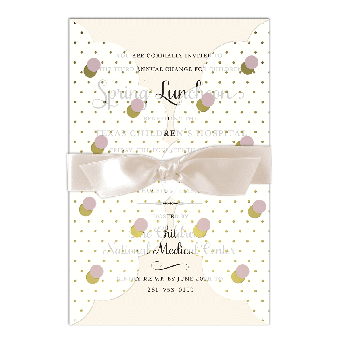 a wedding card with a bow and polka dots.