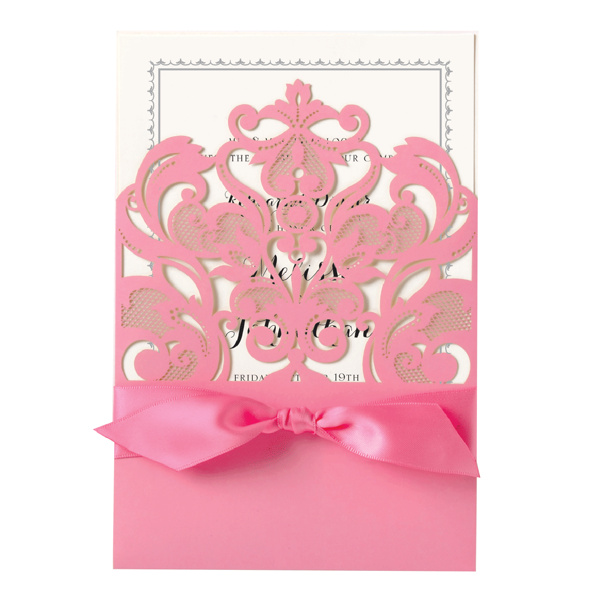 a pink card with a bow on it.