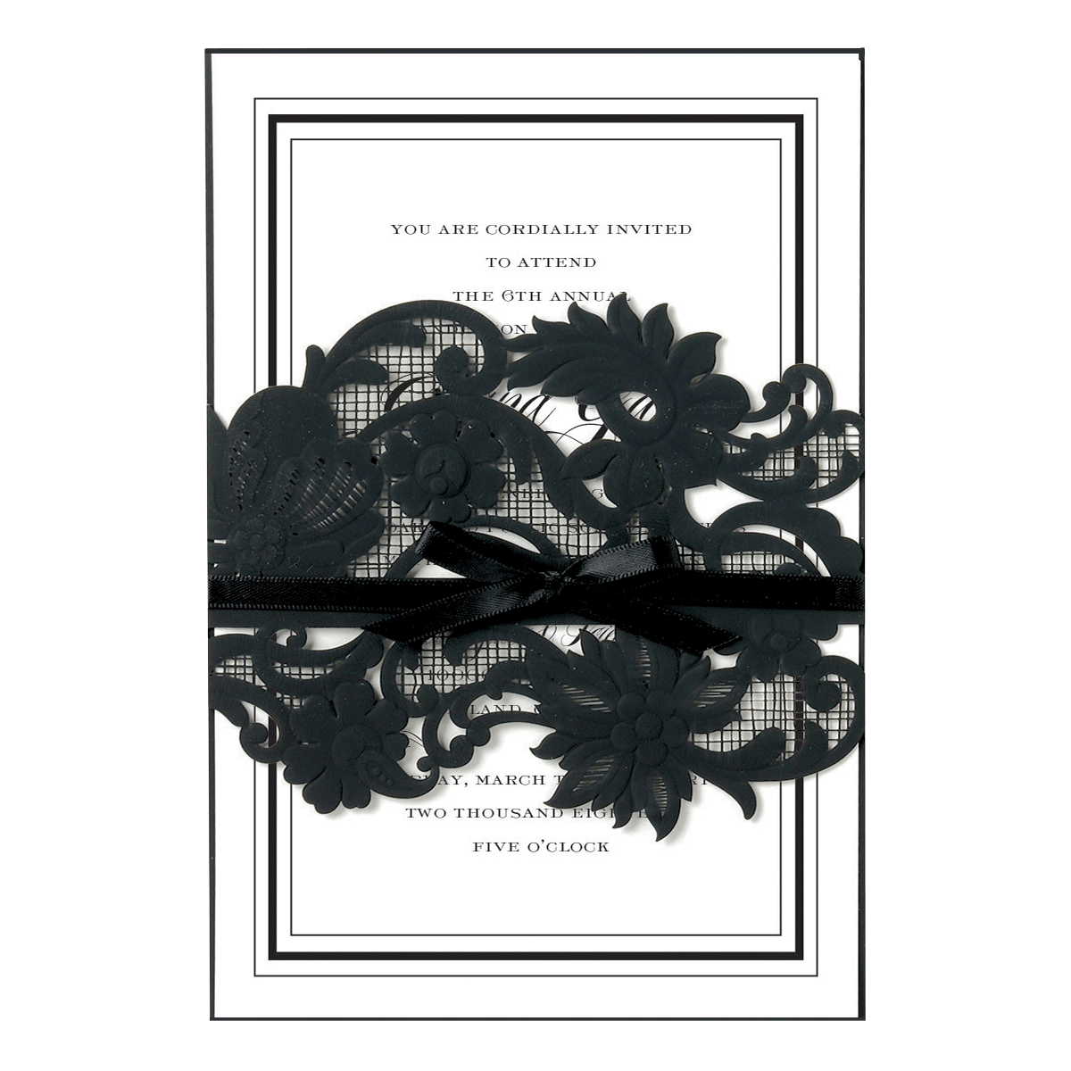 a black lace wedding card with a bow.