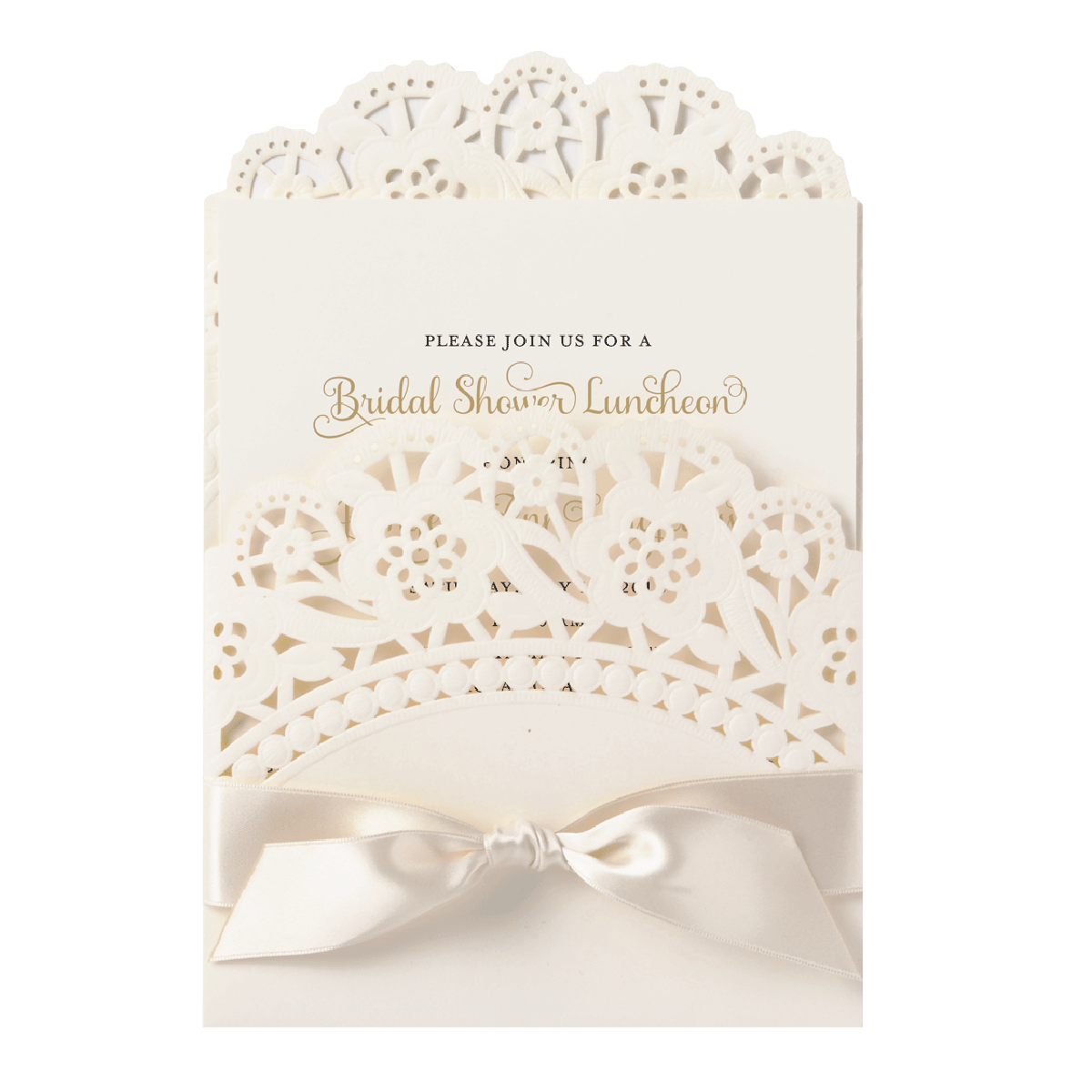 a white wedding card with a bow.