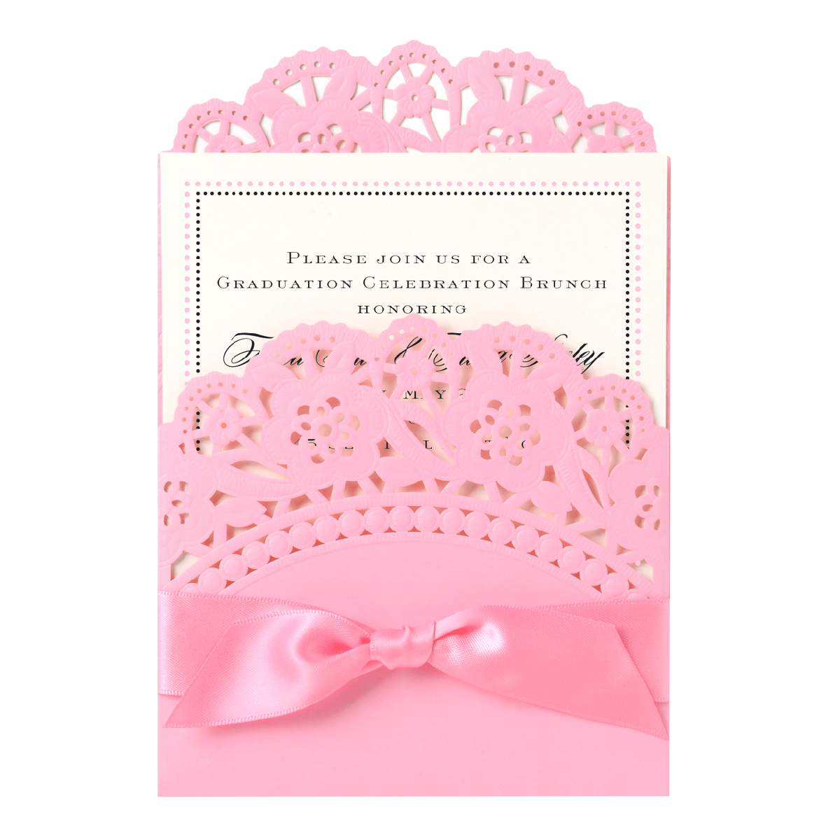 a pink wedding card with a pink bow.