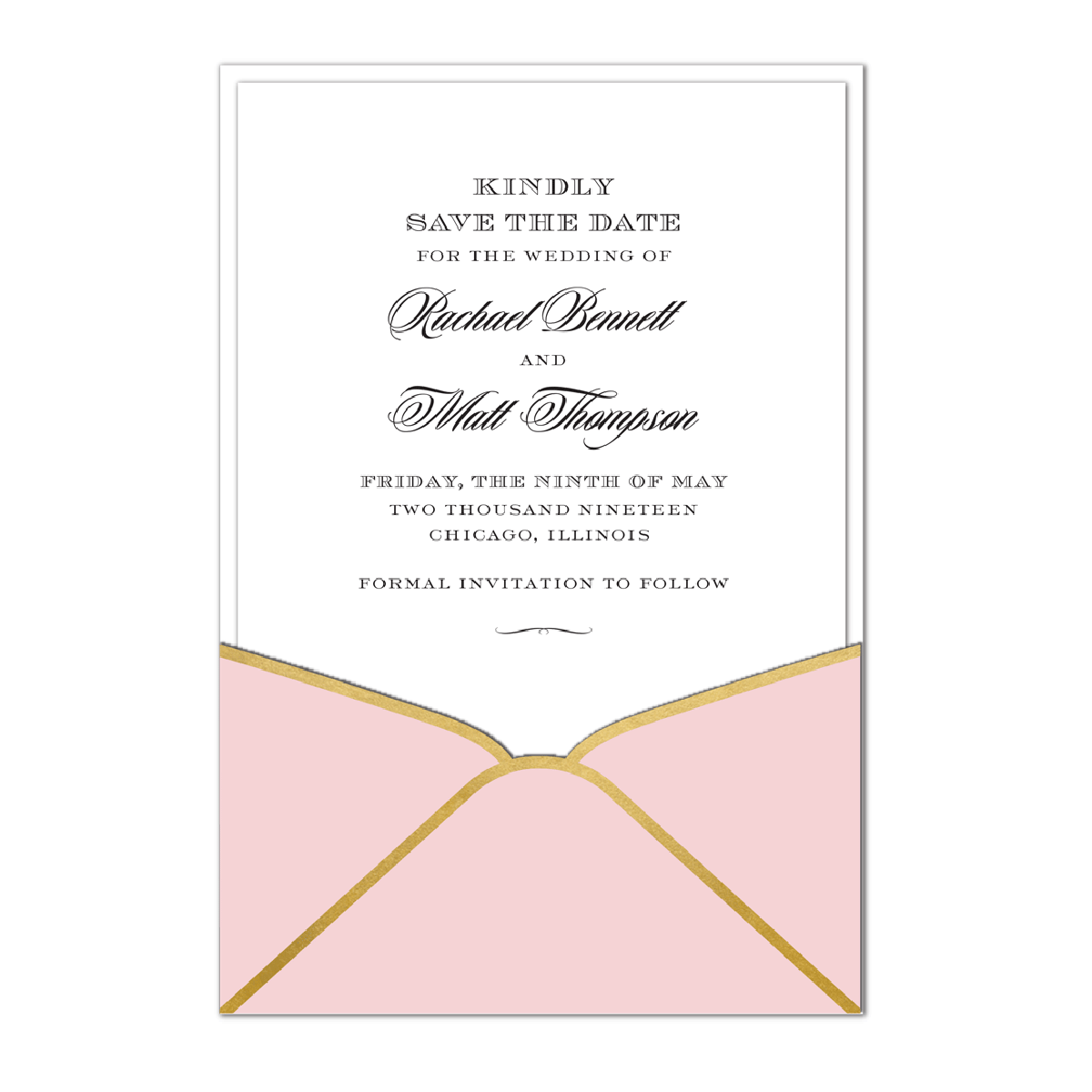 a pink and gold wedding card with an envelope.