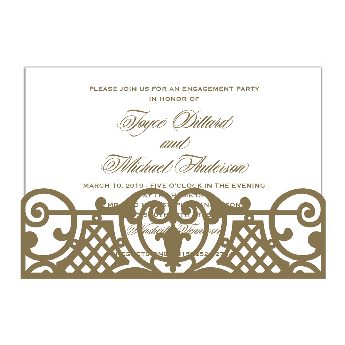 a white and brown wedding card with an ornate design.