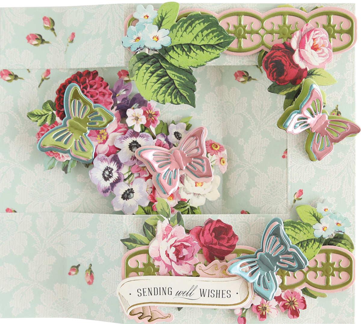 a close up of a card with flowers and butterflies.