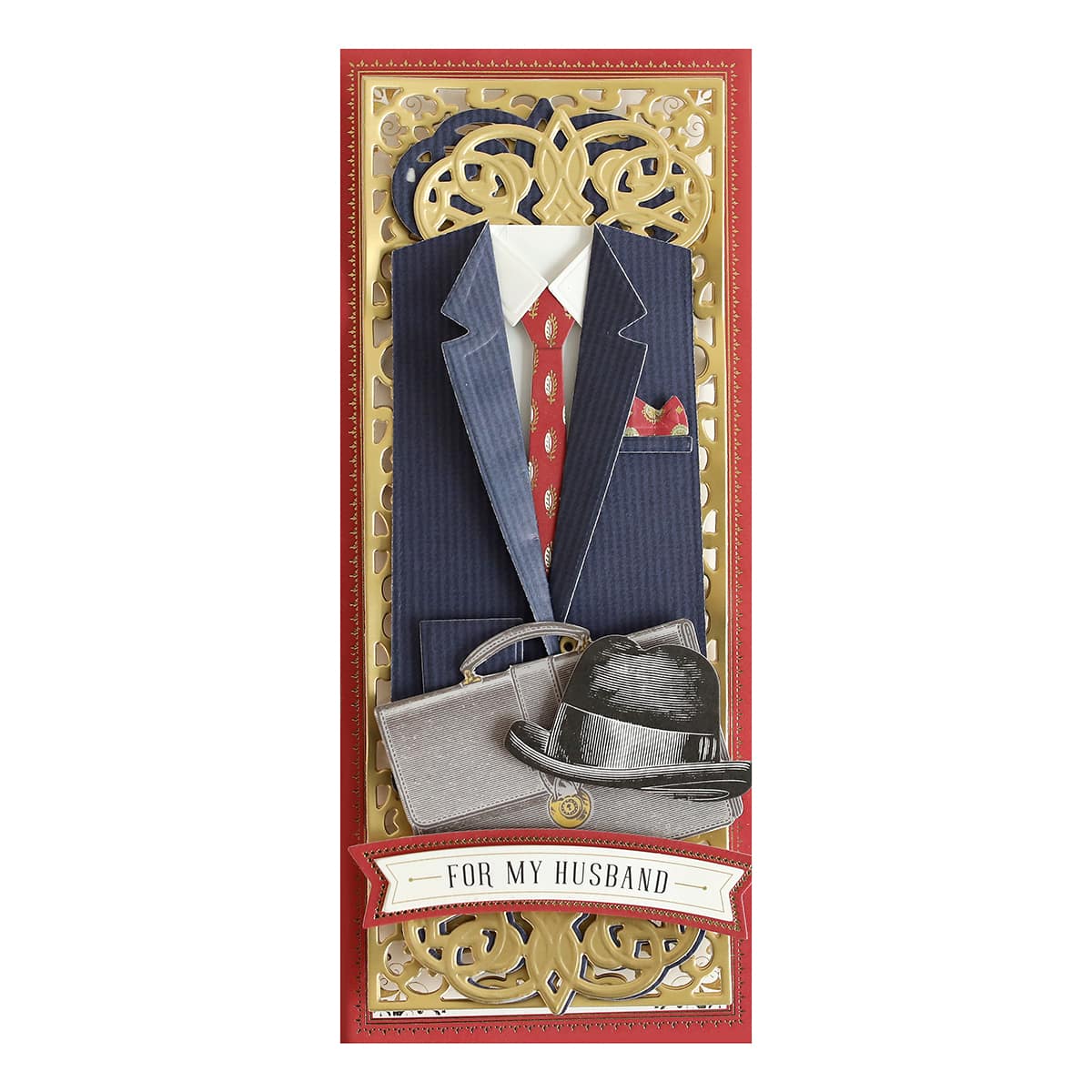 a card with a suit and hat on it.