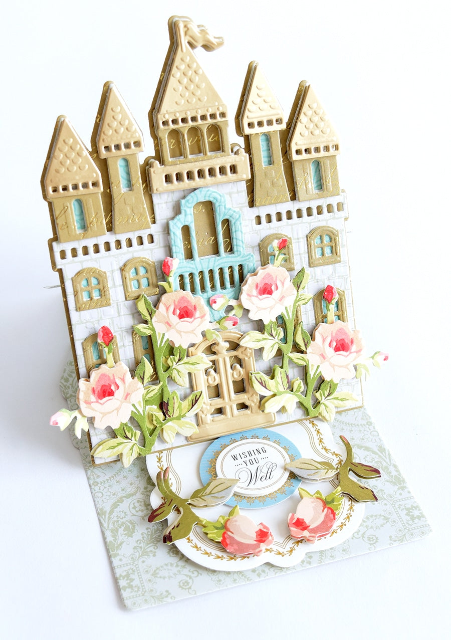 a close up of a card with a castle on it.