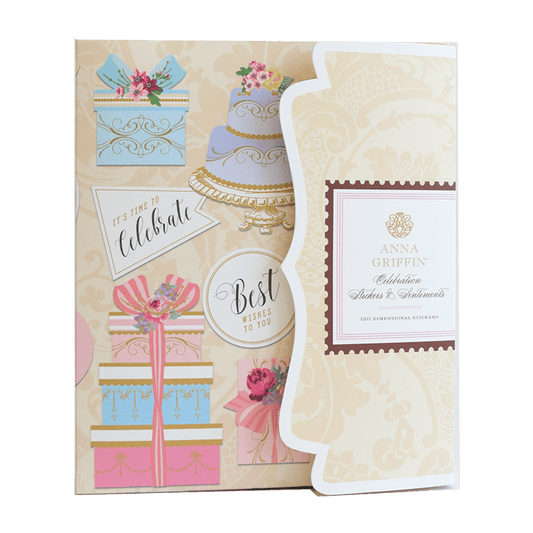 a greeting card with a cake and gift boxes.