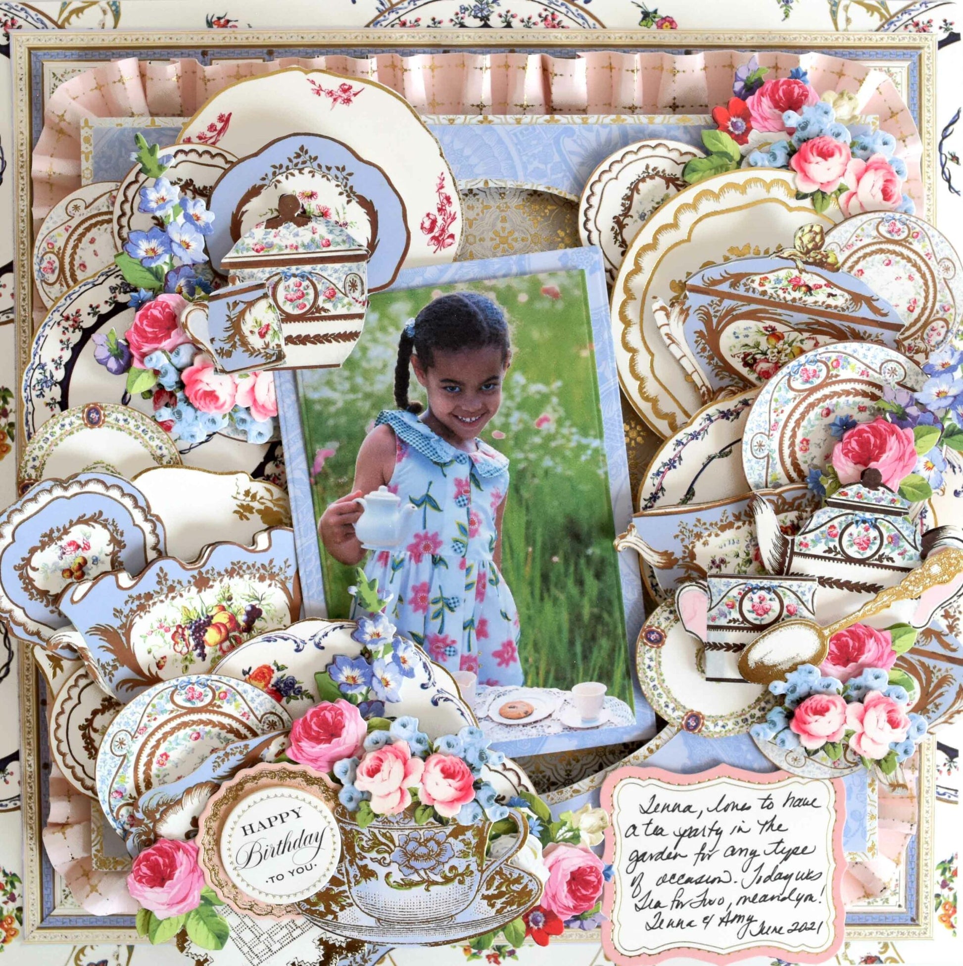 a picture of a girl surrounded by plates and flowers.