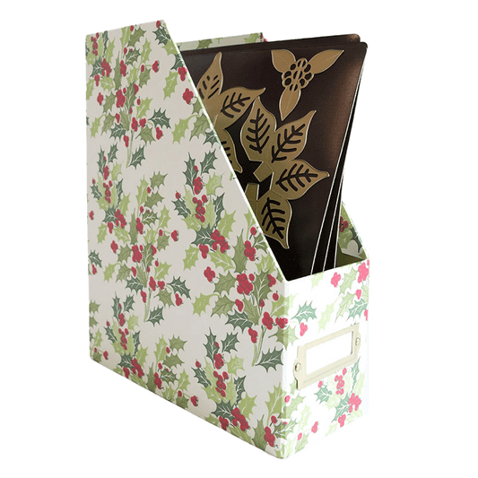 a christmas card holder with holly and holly leaves.