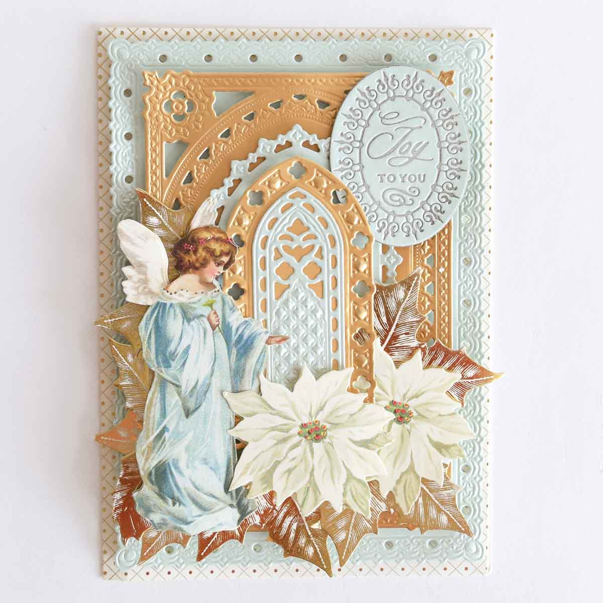 a card with a picture of a woman holding a flower.