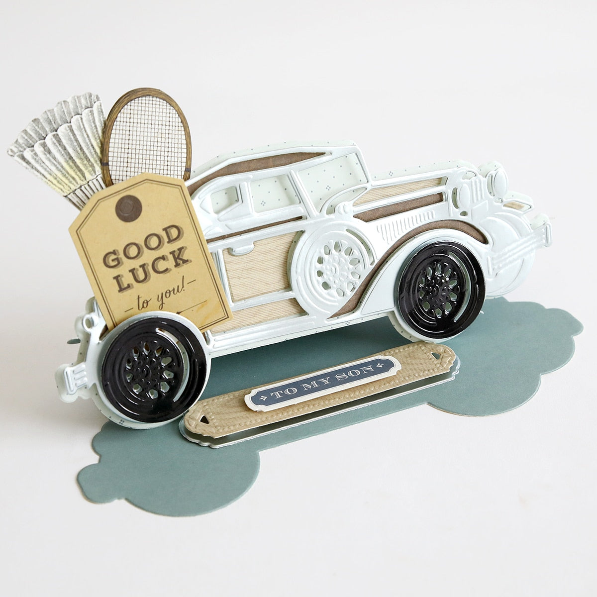 A Classic Car Slimline Easel Dies with a sign that says good luck.