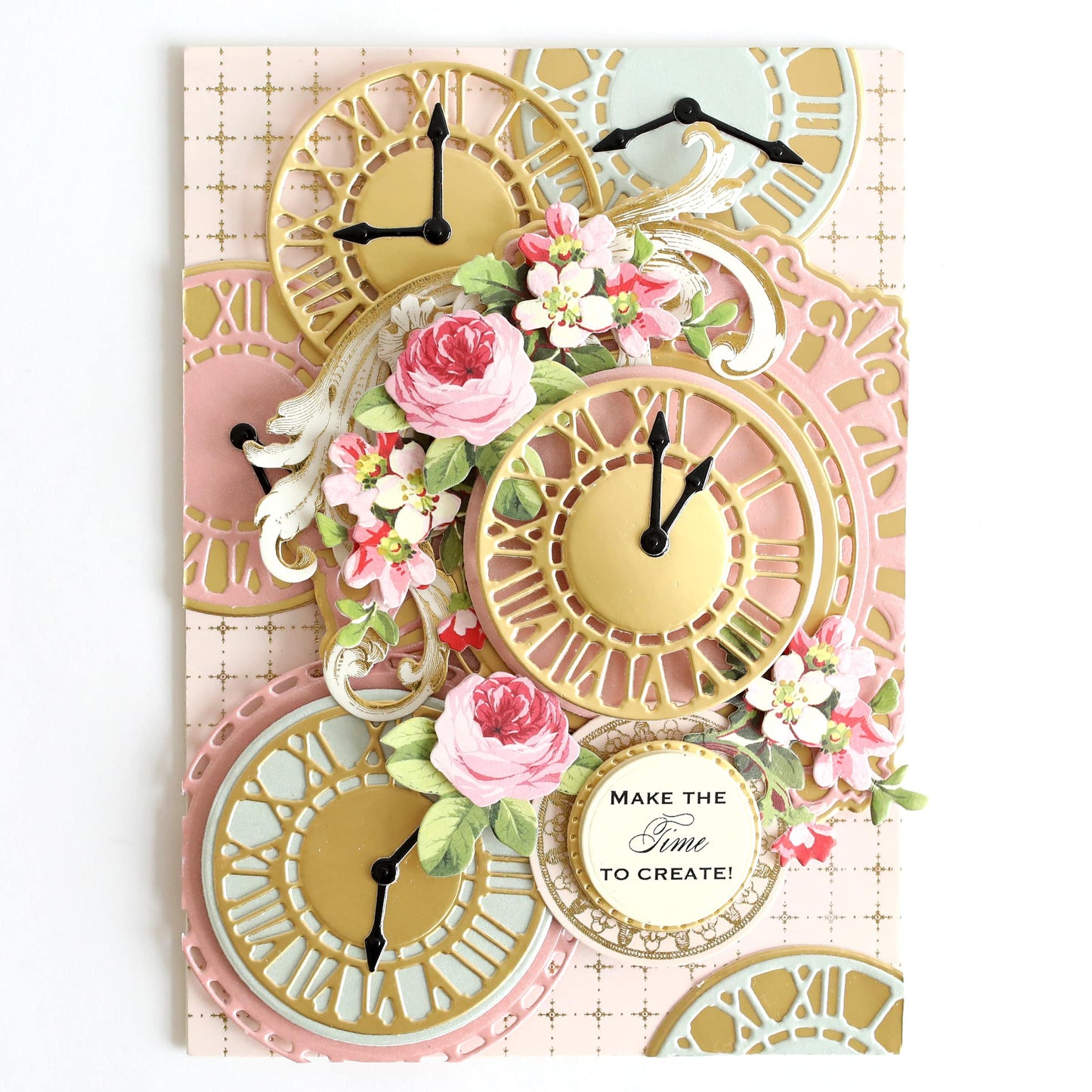 a close up of a clock on a card.