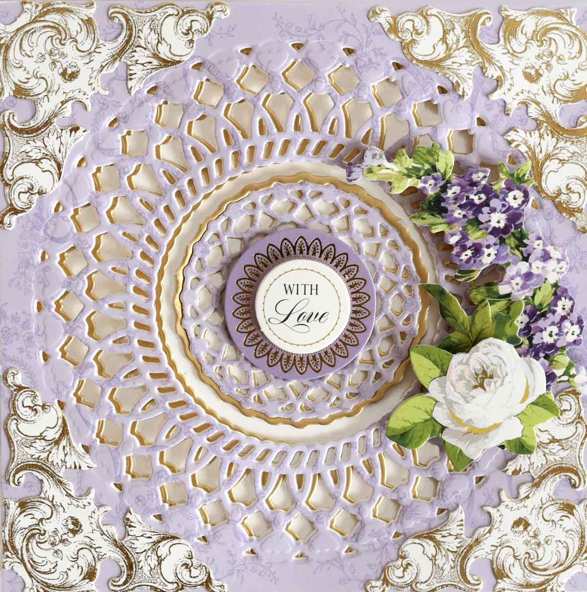 a close up of a doily with flowers on it.