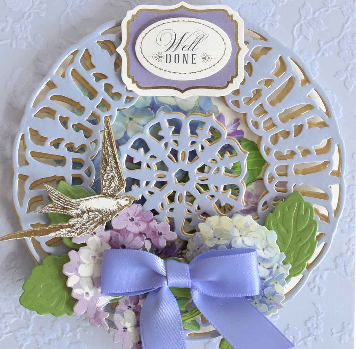 a close up of a plate with flowers and a bird.