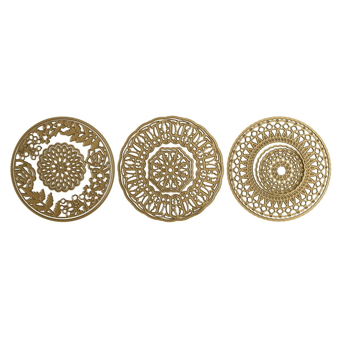 a group of three plates sitting on top of a green table.