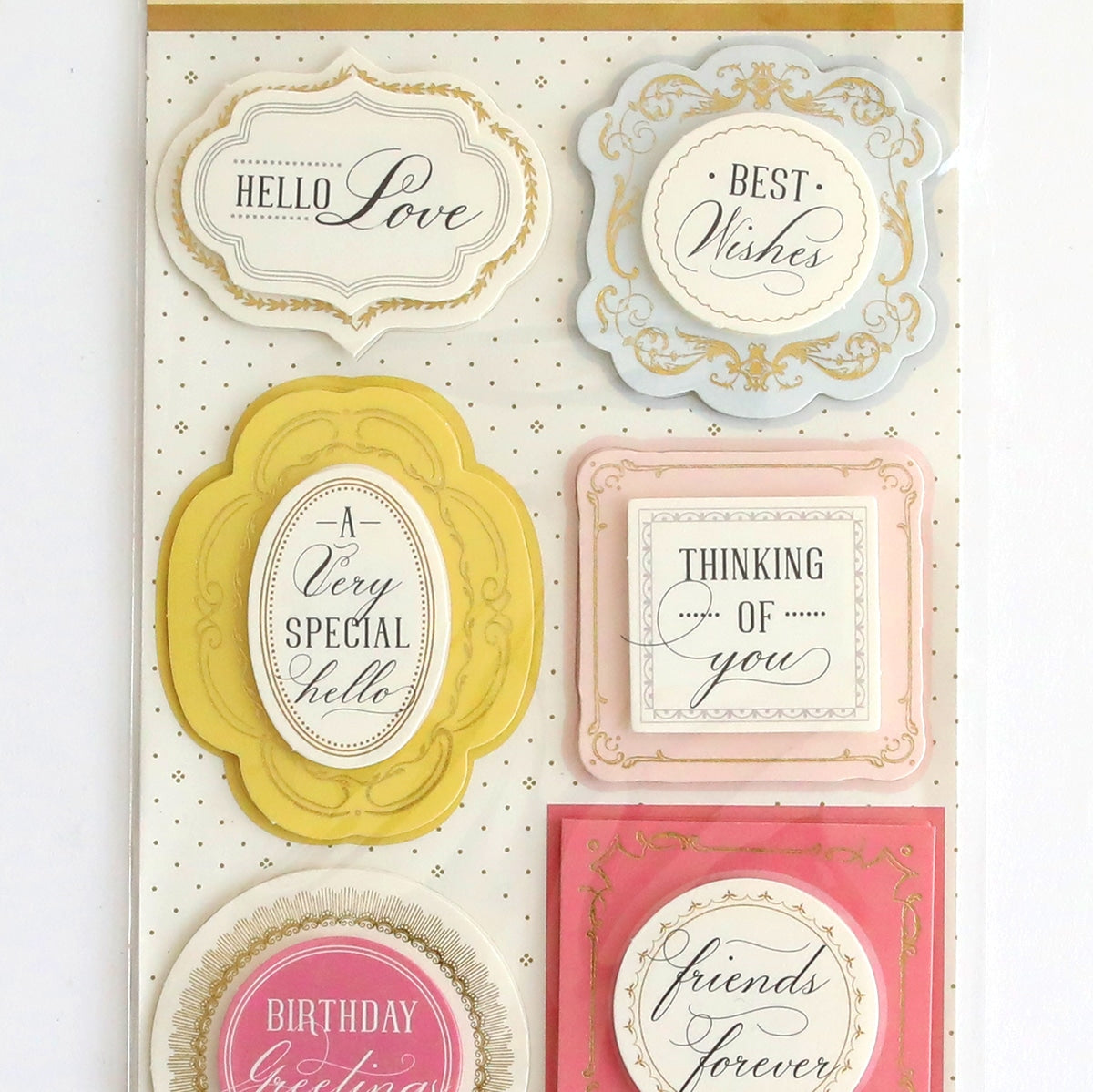 A pack of Lila 3D Sentiment Stickers with greetings on them.