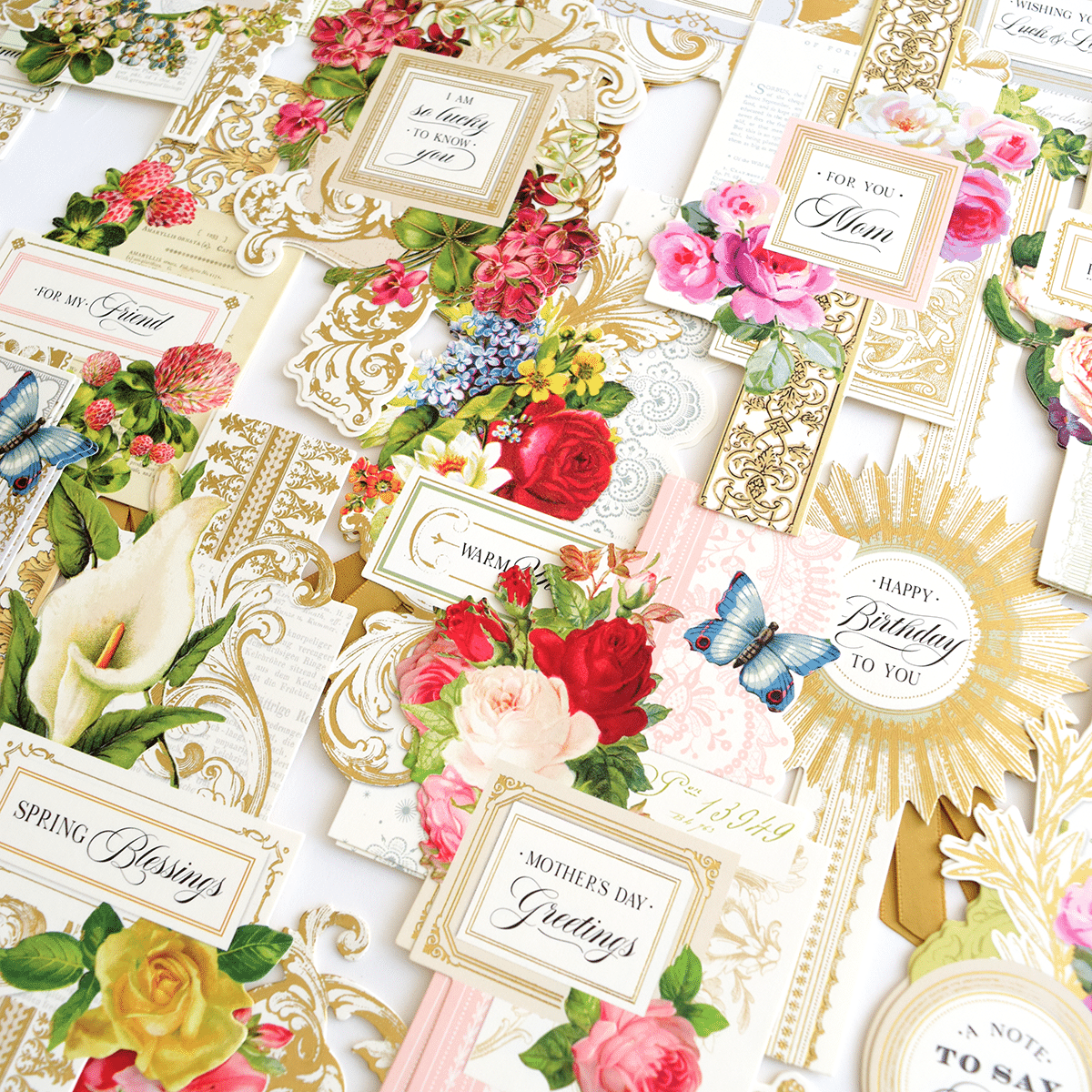 a table topped with lots of different types of cards.